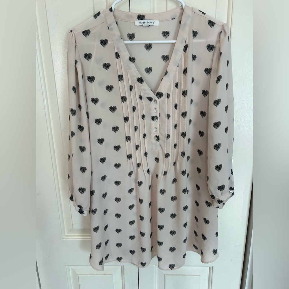 Rose & Olive Sheer Pastel Pink Blouse Top with Black Heart Print 3/4  Sleeves 1X